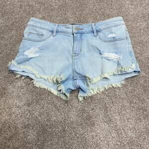 y2k 00s Arc Micro Mini Denim shorts Low-Rise sz 5 Hollister distress light wash